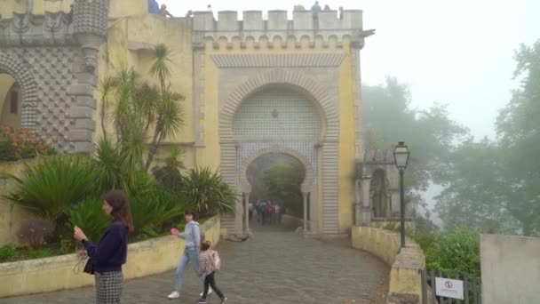 Turistas Que Vienen Salen Través Las Puertas Principales Del Castillo — Vídeo de stock