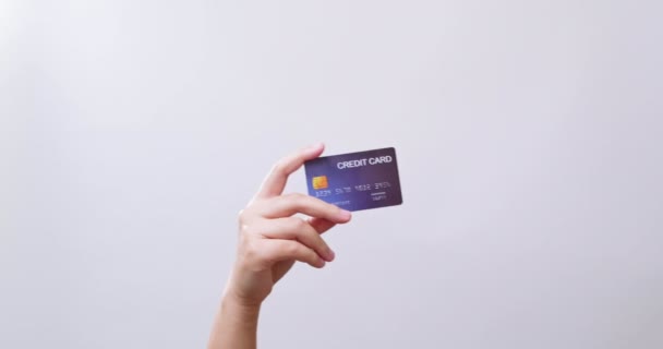 Woman Hand Shows Credit Card Ready Shopping Online White Studio — Stock Video