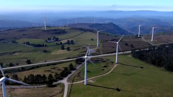 Aerogeneradores Cima Una Colina Con Bosques Prados Con Pastoreo Ganado — Vídeos de Stock