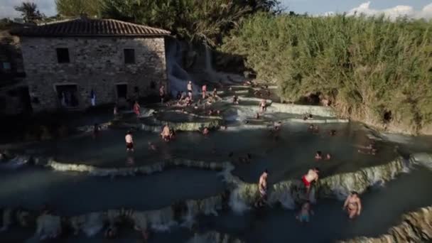 Drone Video Thermal Baths Saturnia Italy People Seen Bathing — Stock Video