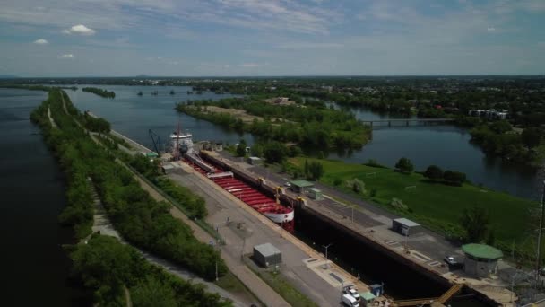 Aerial Shot Red Container Ship Waiting Lock Canal — Video