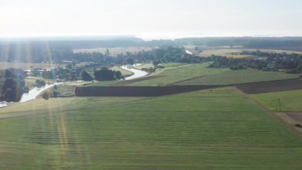 Aerial Rural Ascending Sunrise Shot Curvy River Fields Farms Small — Stok video