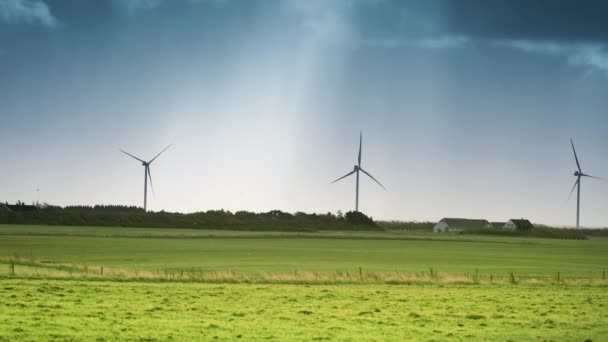 Turbiny Wiatrowe Zielonym Polu Bujnym Ciemne Burzliwe Chmury Niebie Zwolnij — Wideo stockowe