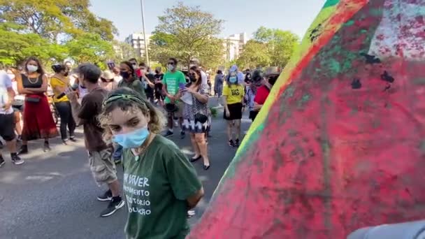 Girl Looking Tattered Bloodstained National Flag Brazil Protest Murders Amazon — Stock Video