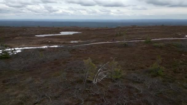 Woman Her French Bulldog Walking Mountain Gravel Path Small Lake — Stockvideo