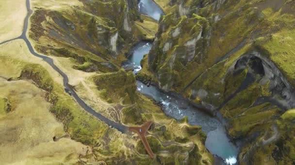 Fjadrargljufur Canyon South Iceland Aerial Drone Shot — ストック動画