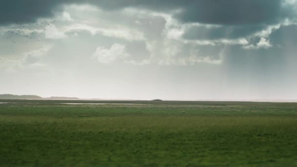 Klidná Venkovská Pobřežní Krajina Dánska Pozadí Řada Větrných Turbín Zpomalit — Stock video