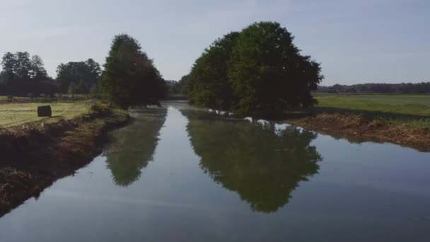 Aerial Low Flying Shot Small River Misty Morning — Stockvideo