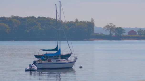 Barcos Água City Island Nova York Com Ilha Hart Fundo — Vídeo de Stock