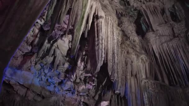 Stalactite Rock Formations Lit Colorful Lights Michael Cave — Stockvideo