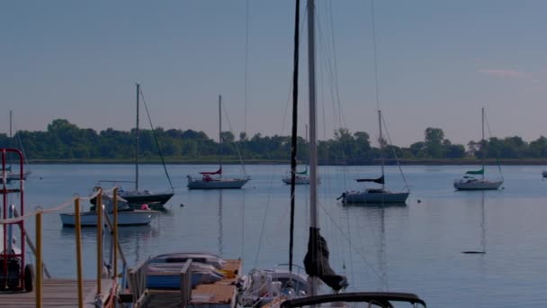 Panning Shot Boats Water City Island New York Barrons Boatyard — Stock Video