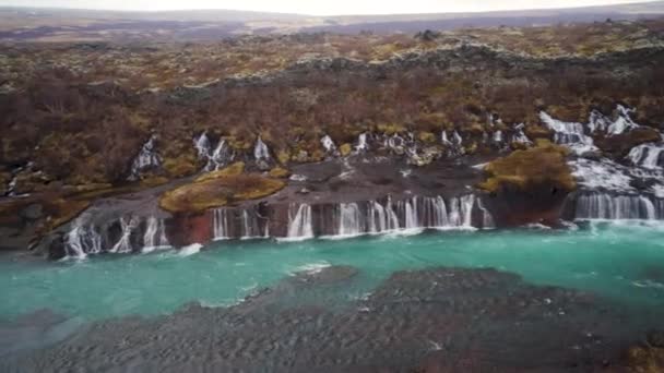 Hraunfossar Waterfall West Iceland Pan Shot — ストック動画