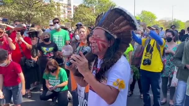 페레이라 Bruno Pereira Brazil 살인에 반대하는 시위에 토착민 연사와 구경하는 — 비디오