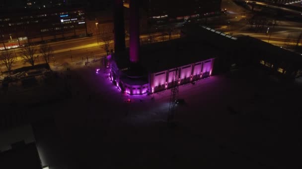 Inclinado Encima Las Chimeneas Kattilahalli Antigua Planta Energía Rosa Iluminado — Vídeos de Stock