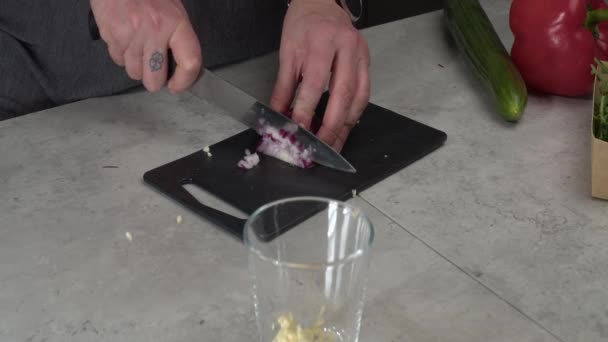 Red Onion Diced Cuttingboard Garlic Pepper Cucumber Nearby — 비디오