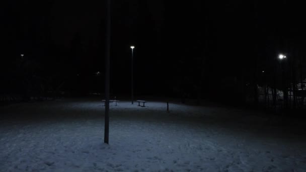 Winter Park Benches Night Single Light Dark Moody Dolly Shot — ストック動画