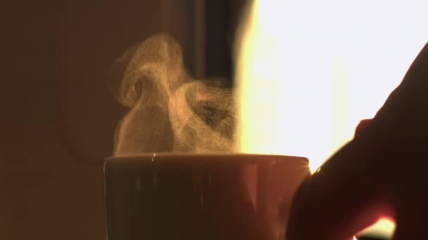 Primo Piano Retroilluminato Tazza Caffè Caldo Fumante Viene Raccolto Dalla — Video Stock