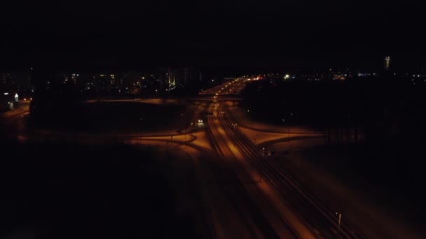 Aerial Quiet Winter Night Multilane Highway Entering Small City — Video