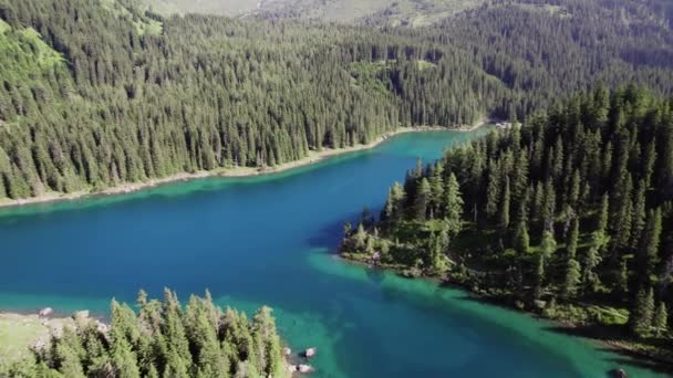 Cinematic Drone Anténa Nad Krásným Horským Jezerem Obklopeným Stromy Čistá — Stock video