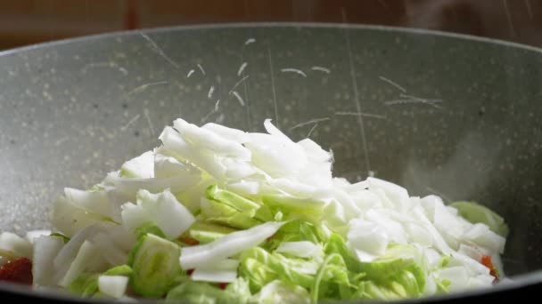 Tempero Legumes Picados Frango Cozinhando Uma Panela Perto — Vídeo de Stock