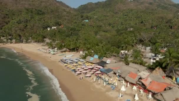 位于墨西哥哈利斯科市Vallarta港附近的Yelapa海滩沙岸的一排排海滩伞 空降飞行员中枪 — 图库视频影像