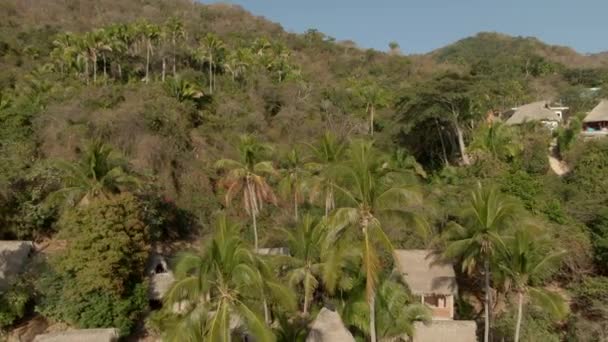 Huts Home Accommodations Yelapa Beachfront Jalisco Mexico Aerial Pullback Shot — Vídeo de stock