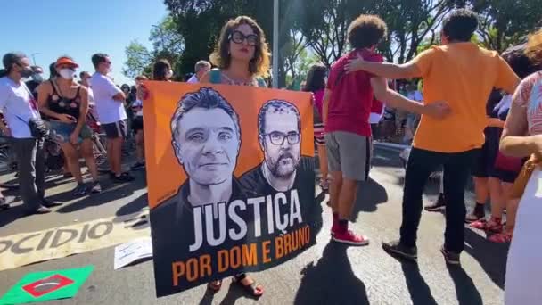 Lady Demonstrates Banner Photos Murdered Brit Dom Phillips Brazilian Bruno — Stock Video