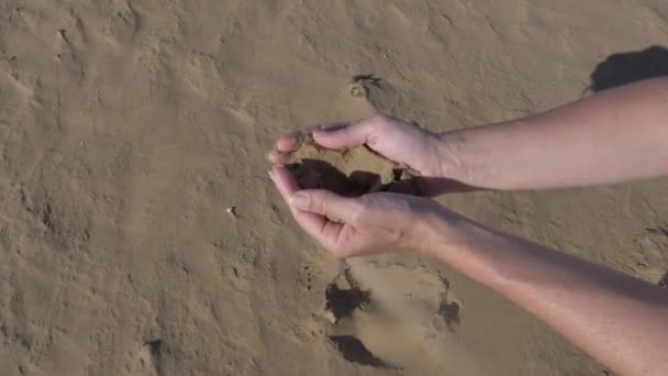 Μαζεύοντας Σαχάρα Άμμο Στο Μαρόκο Και Αφήνοντας Γλιστρήσει Μέσα Από — Αρχείο Βίντεο