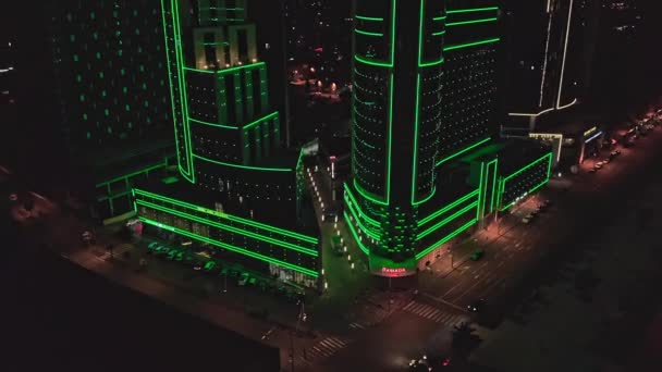 Drone View Modern Apartment Building Illuminated Green Neon Lights — 비디오