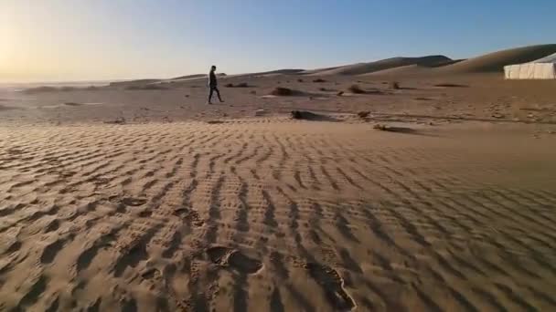 Senderismo Solo Desierto Caliente Del Sahara Marruecos — Vídeos de Stock