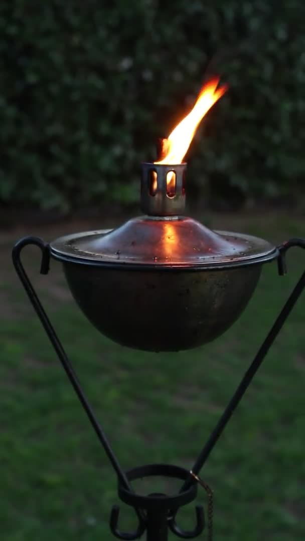 Antieke Brandende Olielamp Voor Een Groene Tuinachtergrond Handheld Verticale Parallax — Stockvideo