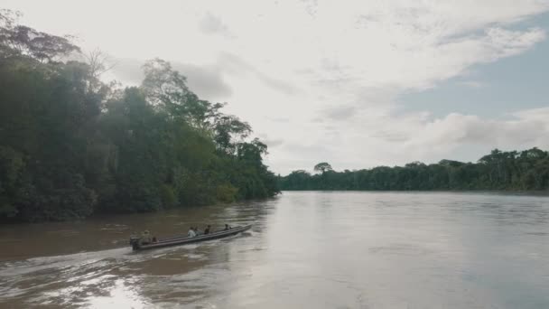 Aerial Shot Boat Sailing Amazon River Passenger Sitting Boat Small — Stock Video