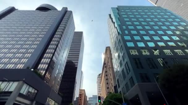 Looking Los Angeles City Skyline While Driving Downtown Street Bird — Vídeo de Stock