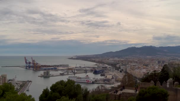 High Panorama Shot Malaga Harbor Spain Cloudy Day — Stockvideo