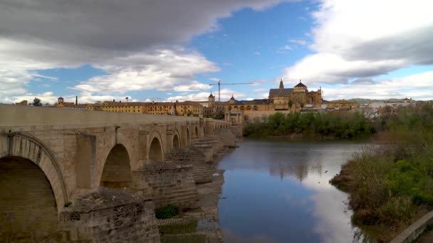 Wide Open View Crdoba River Mezquita Blue Cloudy Sky — Vídeo de stock