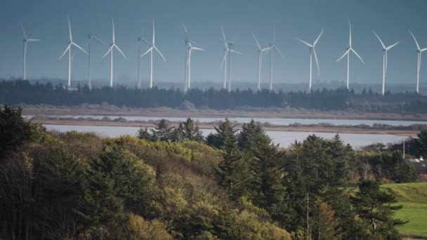 Row Wind Turbines Coastline Blades Rotate Slowly Slow Motion Pan — 비디오
