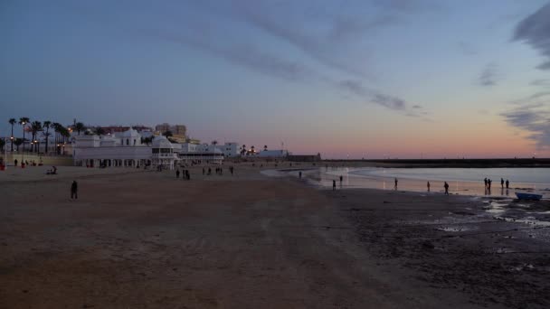 Прекрасний Вид Широкий Відкритий Пляж Після Заходу Сонця Декількома Людьми — стокове відео