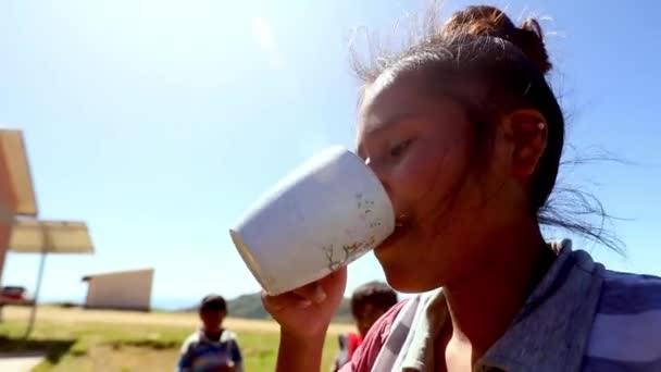 Students School Andes Mountains Bolivia Take Break Drink Water — Vídeo de stock