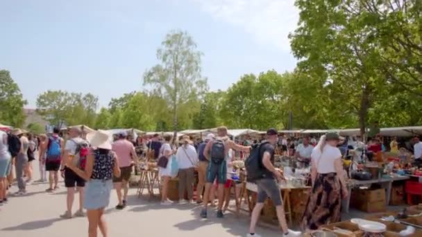 Толпа Блошиный Рынок Летним Солнцем Берлина Пренцлауэр Берг — стоковое видео