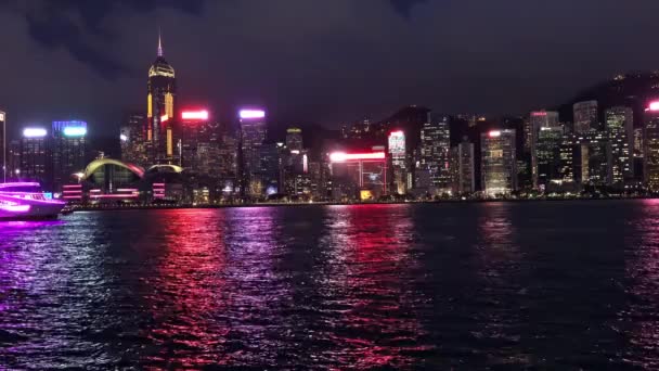 Ferry Purple Neon Lights Sailing Victoria Harbour Hong Kong — Stok video