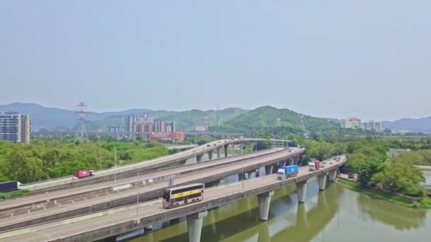 Dynamic Ascending Aerial Footage Highway Waters Yuen Long Hong Kong — Stock Video