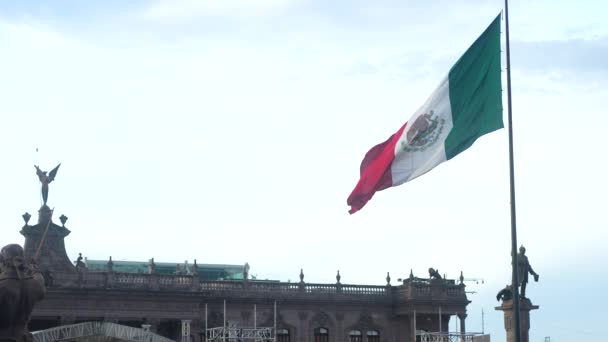 Bandera Mexicana Cámara Lenta Ondeando Día Ventoso Con Contra Cielo — Vídeo de stock