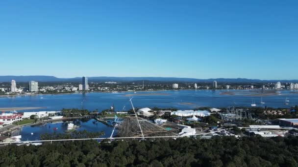 Unique View Wooden Rollercoaster Being Constructed Close Coastal Waterway Mountain — Vídeos de Stock