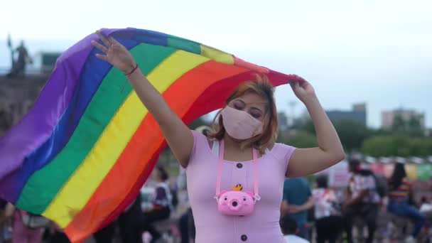 Lesbian Latino Woman Wearing Pink Mask Supporting Homosexual Pride Gay — Stockvideo