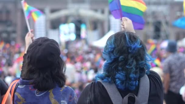 Rainbow Flag Flying March Protest Parade Supporting Homosexual Lesbian Transgender — Αρχείο Βίντεο