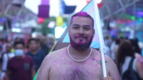 Close Caucasian Homosexual Collared Hair Pride Flag March City Discrimination — Video