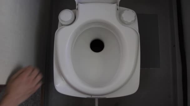 Woman Flushing Empty Motorhome Removable Toilet Pressing Button Creating Pressure — Wideo stockowe