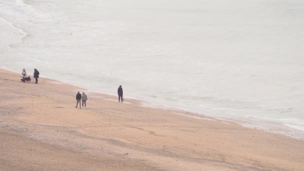 Persone Che Passeggiano Sulla Spiaggia Trouville Normandia Francia Angolo Alto — Video Stock