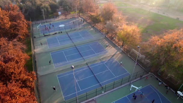 Letecký Pohled Skupinu Lidí Hrající Tenisovém Kurtu Stromy Podzim Parque — Stock video