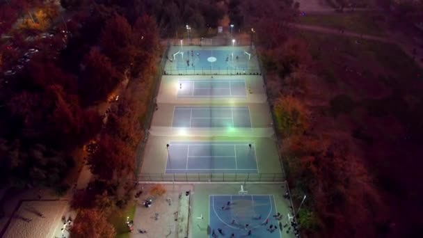 Aerial View Dolly Sports Fields Illuminated Night Parque Araucano Las – stockvideo